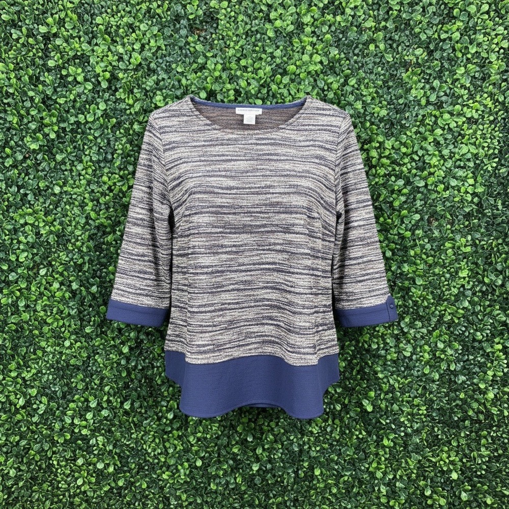 Cathy Daniels XL Navy Blue Metallic Knit 3/4 Sleeve Crew Neck Top 759-5407